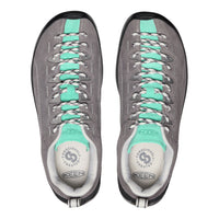 Pair of gray and teal KEEN shoes on a white background