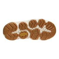 The outsole of a Keen shoe, showing a brown treaded design with a gold Keen logo on a white background.