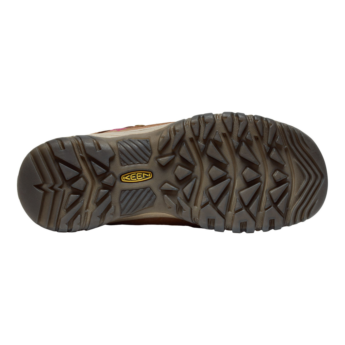 A top-down view of a brown and dark gray rugged hiking boot sole, showing the tread pattern and a yellow Keen logo in the center.