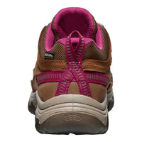 A close-up rear view of a brown and magenta Keen hiking shoe on a white background.