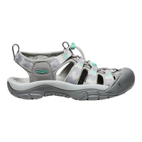 Gray sandal with teal accents on a white background