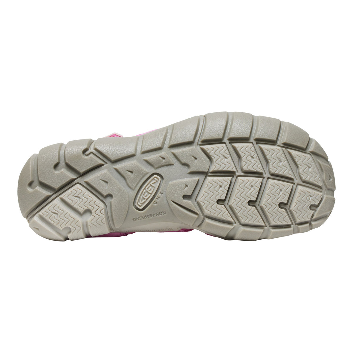 Sole of a shoe with a visible brand logo on a white background