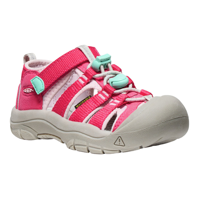 Pink and gray sandal with teal accents on a white background