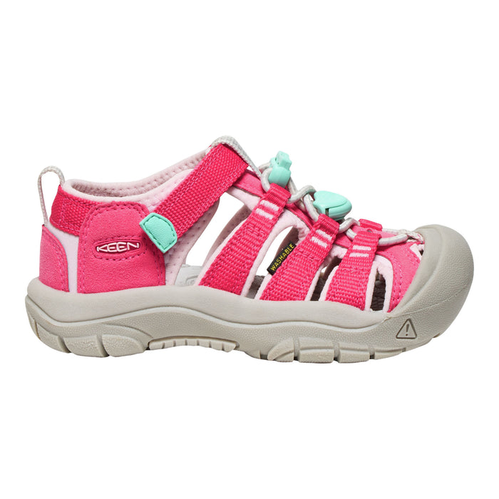 Pink sandal with teal accents on a white background
