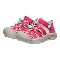 Pink and gray sandals with teal accents on a white background