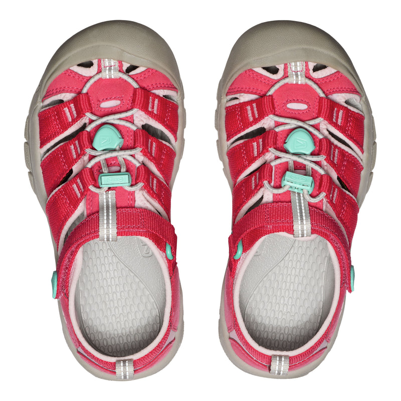 Pair of red and gray sandals with green accents on a white background