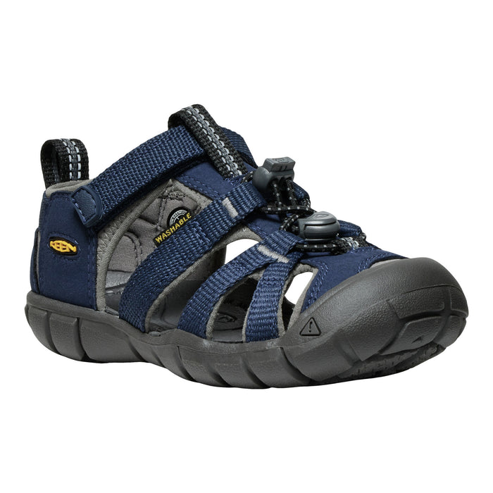 KEEN Kids sandal in navy blue and gray, featuring adjustable straps and a protective toe cap, shown on a plain white background.