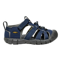A Keen kids' sandal in navy blue and gray, featuring adjustable straps, a hook-and-loop strap system, and a textured sole, shown against a plain white background.