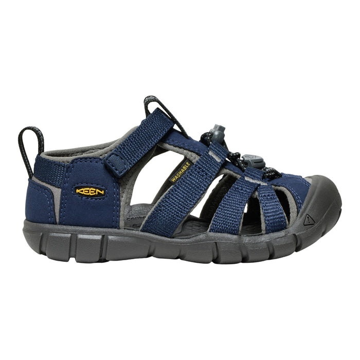 A Keen kids' sandal in navy blue and gray, featuring adjustable straps, a hook-and-loop strap system, and a textured sole, shown against a plain white background.
