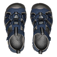 A pair of navy blue and gray Keppra kids' sandals shown from a top-down view on a white background.