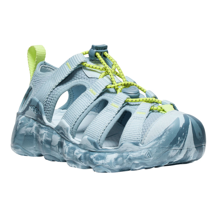 Blue and gray sandal with transparent sole on a white background