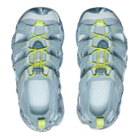 Pair of blue athletic shoes with yellow accents on a white background