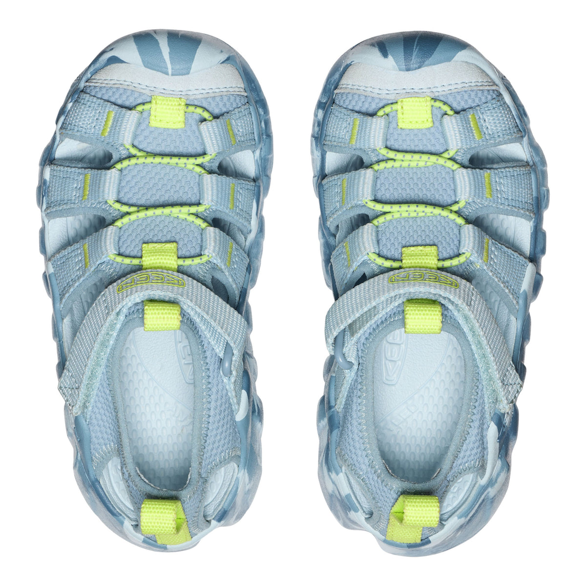 Pair of blue and gray sandals with green accents on a white background