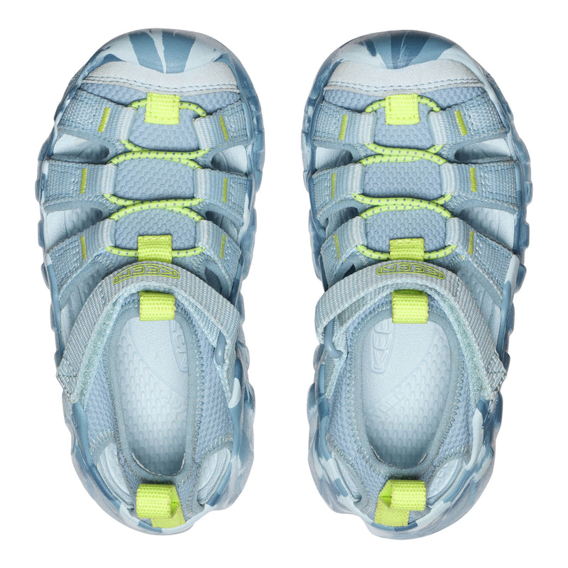 Pair of blue and gray sandals with green accents on a white background