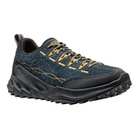 Blue and black hiking shoe with yellow accents on a white background