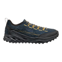 Blue and black hiking shoe with yellow accents on a white background