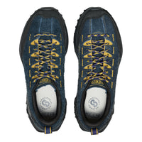 Pair of blue and black shoes with yellow accents on a white background