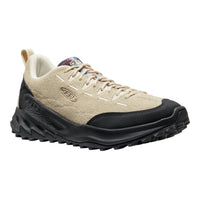 Beige and black hiking shoe on a white background