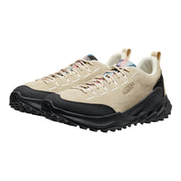 Beige and black hiking shoes on a white background