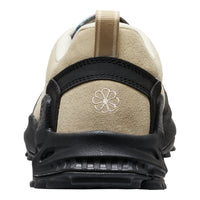 Back view of a sandal with a brand logo on a white background