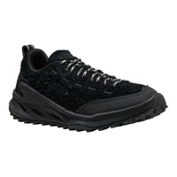 A black textured athletic shoe with black laces and a rugged sole, shown from a side profile on a white background.