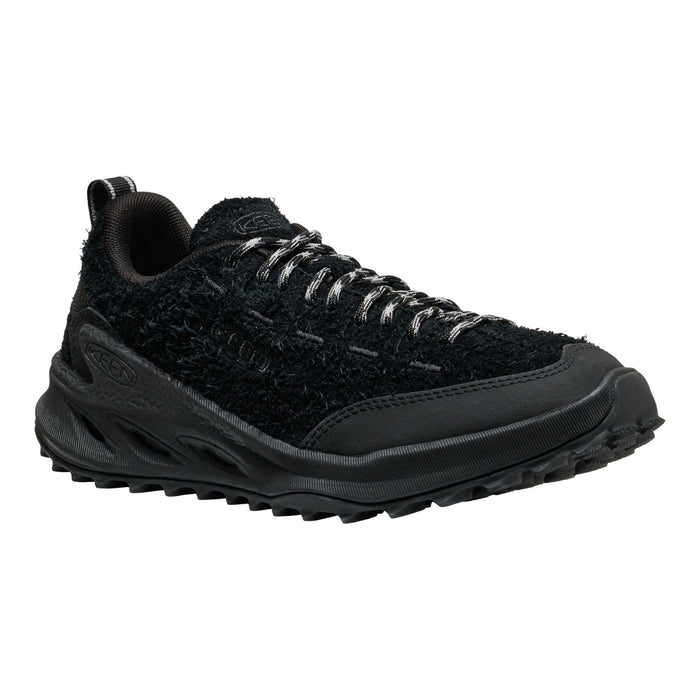 A black textured athletic shoe with black laces and a rugged sole, shown from a side profile on a white background.