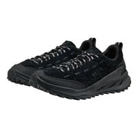 A pair of black trail running shoes with textured knit uppers, black laces, and rugged black soles, shown against a plain white background.
