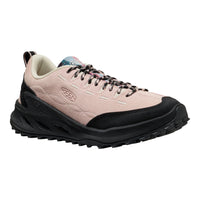 Pink hiking shoe with black sole on a white background