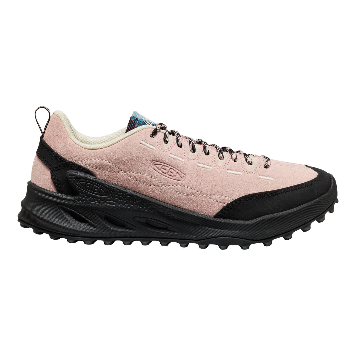 Pink and black sneaker with brand logo on a white background