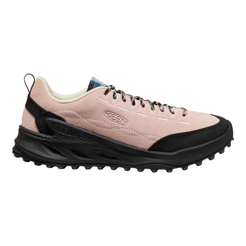 Pink and black sneaker with brand logo on a white background