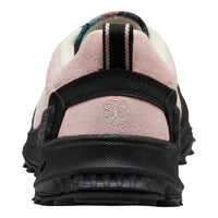 Back view of a pink and black shoe with a brand logo on a white background