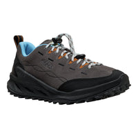 Gray hiking shoe with black sole on a white background