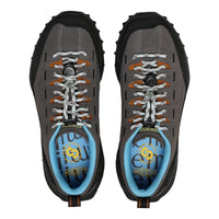 Pair of gray hiking shoes with black soles on a white background