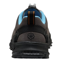 Back view of a black and blue athletic shoe on a white background