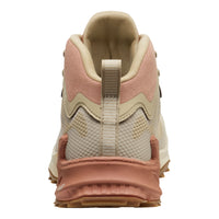 Back view of a pink and beige sneaker on a white background