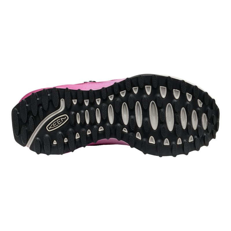 Close-up of a pink and black shoe sole with tread pattern on a white background