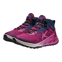 Pink and blue running shoes with black laces on a white background