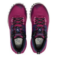 Pair of pink running shoes with black laces on a white background