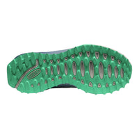 The outsole of a trail shoe in a vibrant green colour, showing the tread pattern and Keen brand logo embossed on the heel area, set against a plain white background.