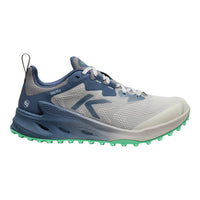 A trail shoe in light gray and navy blue with a bright green outsole, shown from a side profile view on a white background.
