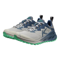 A pair of KEEN brand trail running shoes in light gray and navy blue with bright green outsoles, shown against a plain white background.