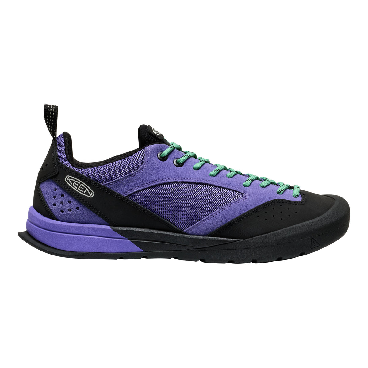 Purple and black sneaker with green laces on a white background