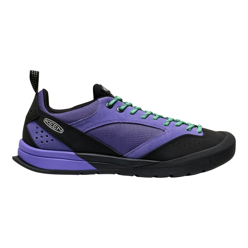 Purple and black sneaker with green laces on a white background