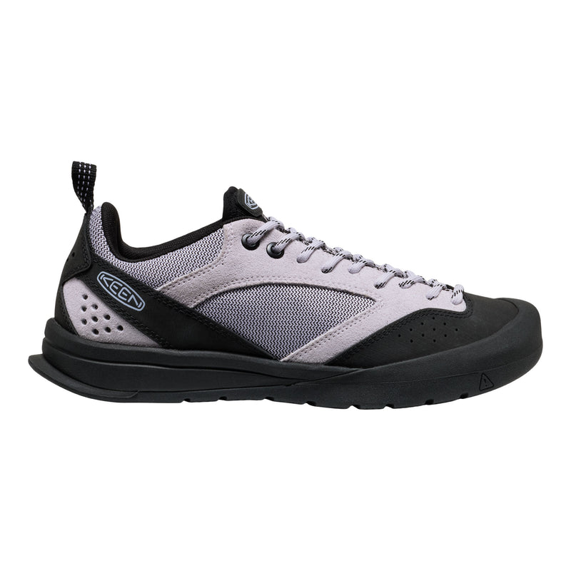 Gray and black sneaker with KEEN logo on a white background
