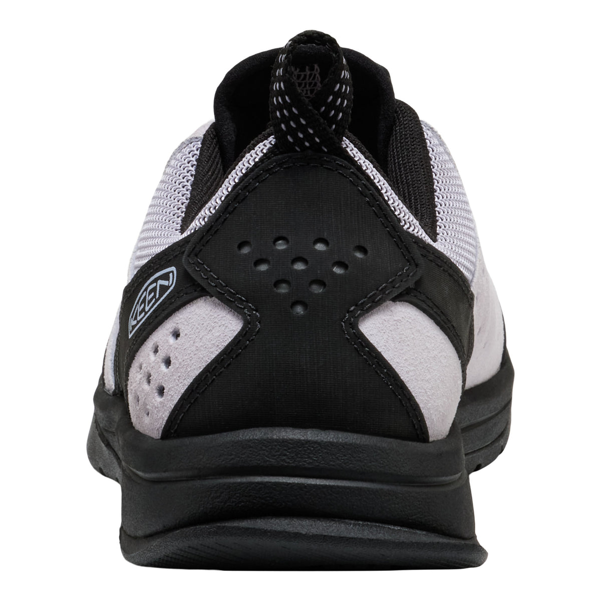 Black and white athletic shoe with brand logo on a white background