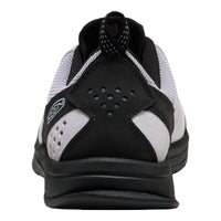 Black and white athletic shoe with brand logo on a white background