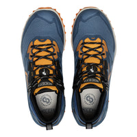 Blue and orange KEEN hiking shoes on a white background