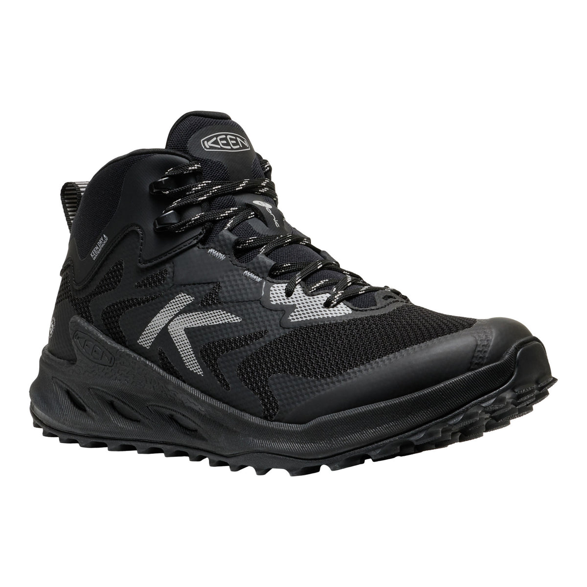 A black Keen mid-cut hiking boot with gray reflective accents and a rugged sole, shown from a three-quarters angle on a white background.