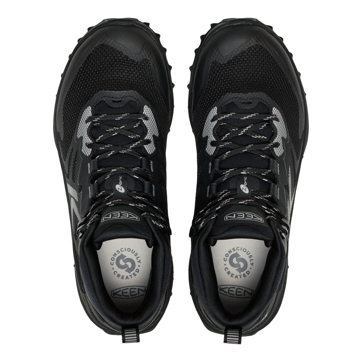 A pair of black and shoes shown from a top-down view on a solid white background.