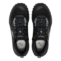 A pair of black and shoes shown from a top-down view on a solid white background.